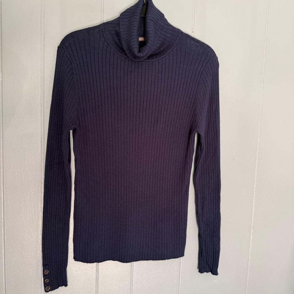 J McLaughlin Navy Blue Ribbed Turtleneck Sweater Large Button Cuff Quiet Luxury